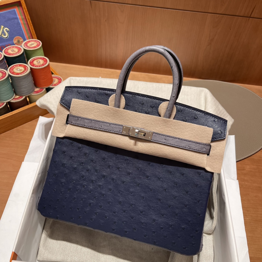 에르메스 버킨백25 몰타블루 그레이 은장 타조가죽